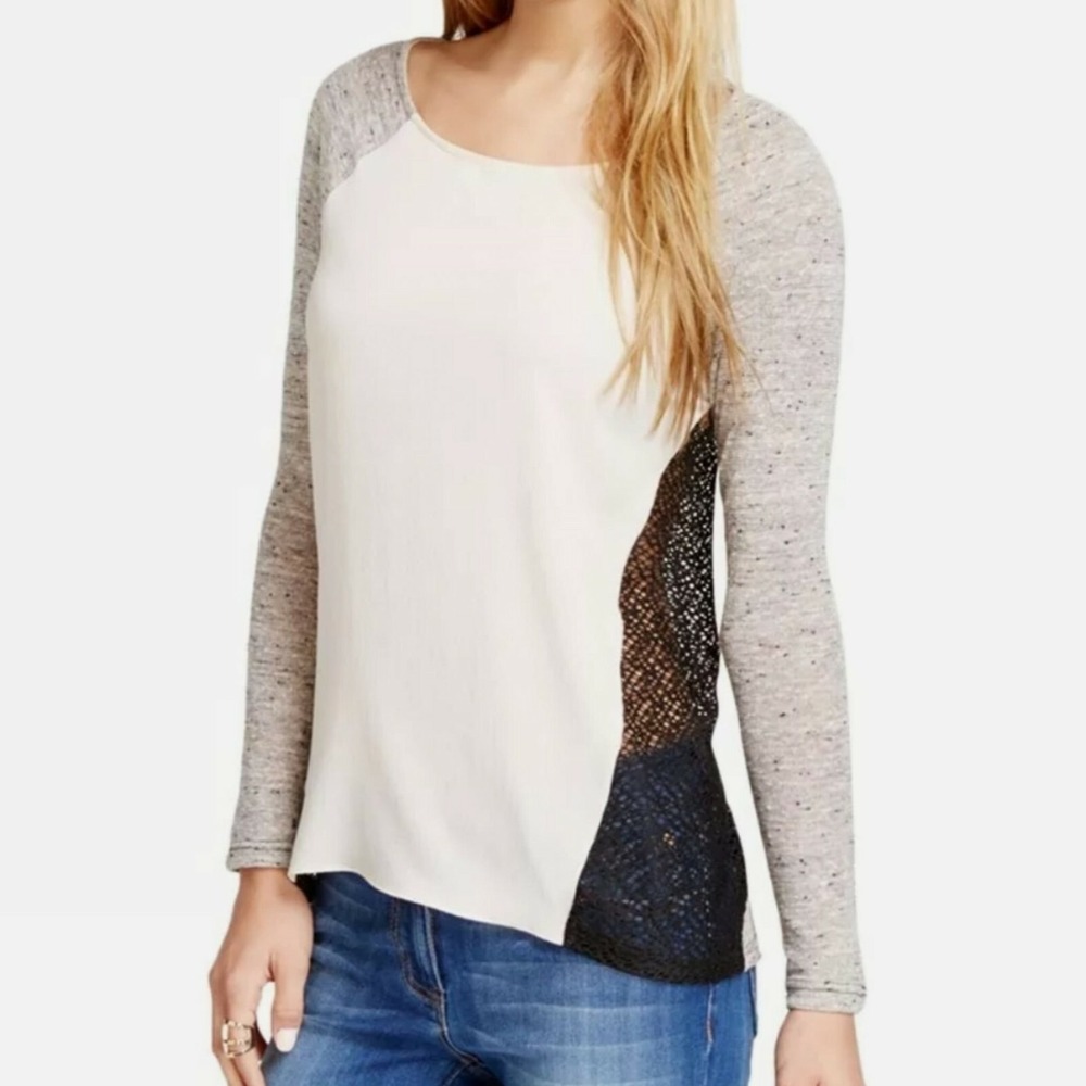 BAR III Illusion Mesh Knit Top Raglan Sleeve Hi Low Hem Athleisure Women's Small